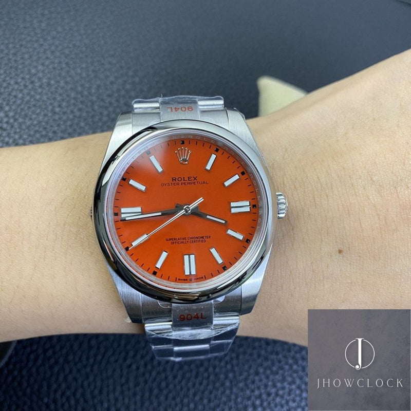 Fábrica EW - Rolex Oyster Perpetual M124300-0007 Mostrador Vermelho Coral Tamanho 41mm