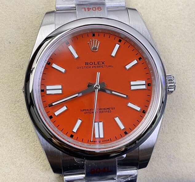 Fábrica EW - Rolex Oyster Perpetual M124300-0007 Mostrador Vermelho Coral Tamanho 41mm